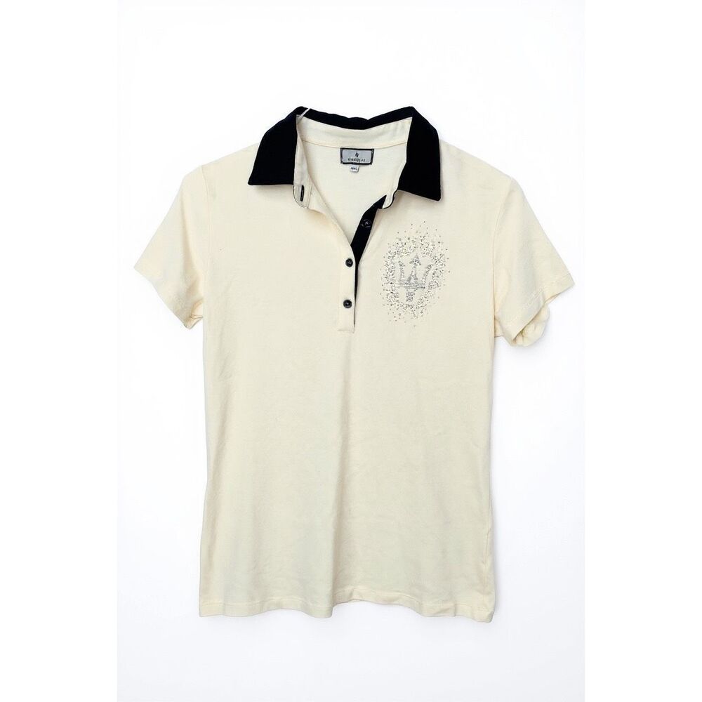 Maserati Women’s Rhinestone Logo Polo Shirt Size 2XL Cream Navy